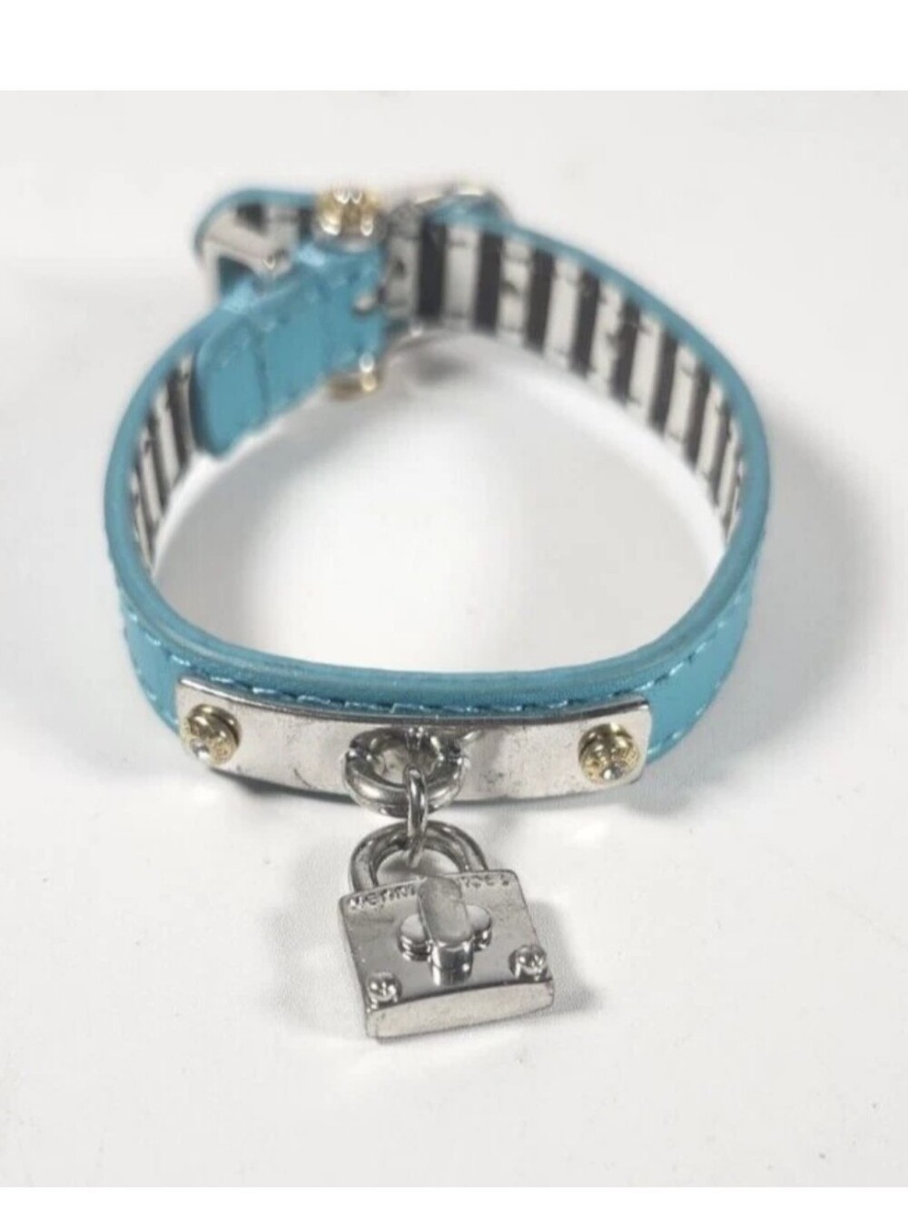 Henri Bendel Vintage Silver Tone Leather Lock Logo Bracelet Turquoise Blue